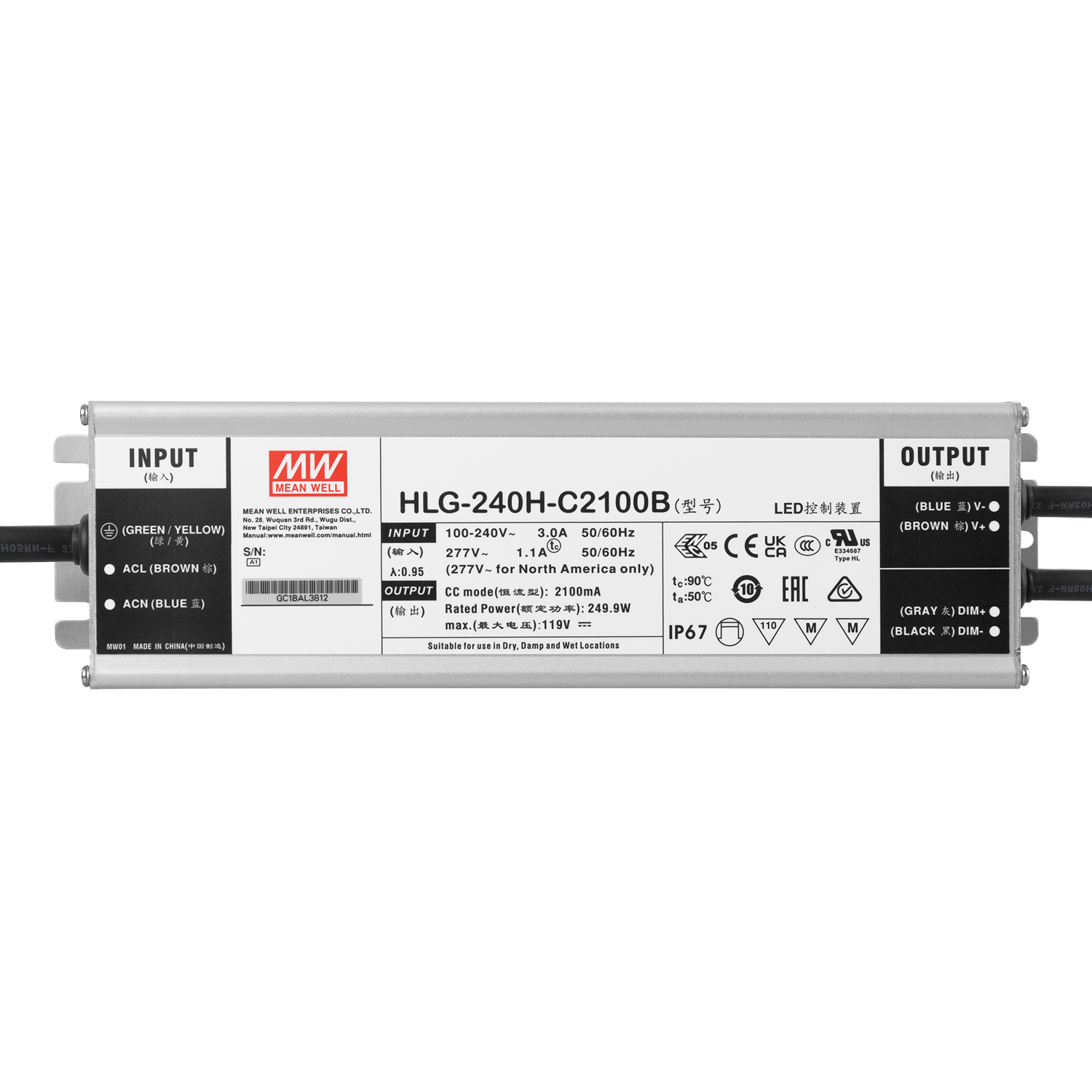 Driver LED Meanwell 240W 90-305VAC 2100A IP67 – imagen 3