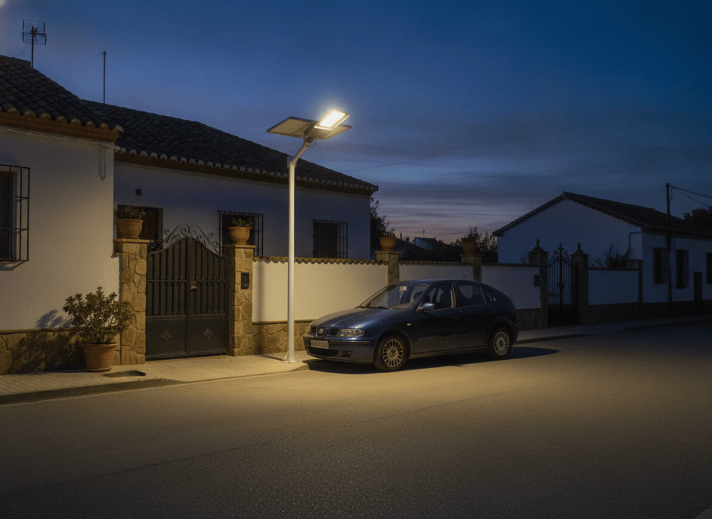 Imagen recreada con IA: Farola LED Solar 300W 5000K Panel 6V 45W Batería 42Ah Sensor Crepuscular /Control Remoto en una calle residencial al anochecer