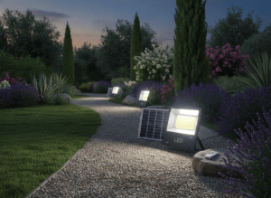 Imagen recreada con IA: Proyector LED 200W 20.000Lm 6000ºK Solar Sensor 200W + Control Remoto Panel 6V/30W 40.000H en un camino de jardín al anochecer